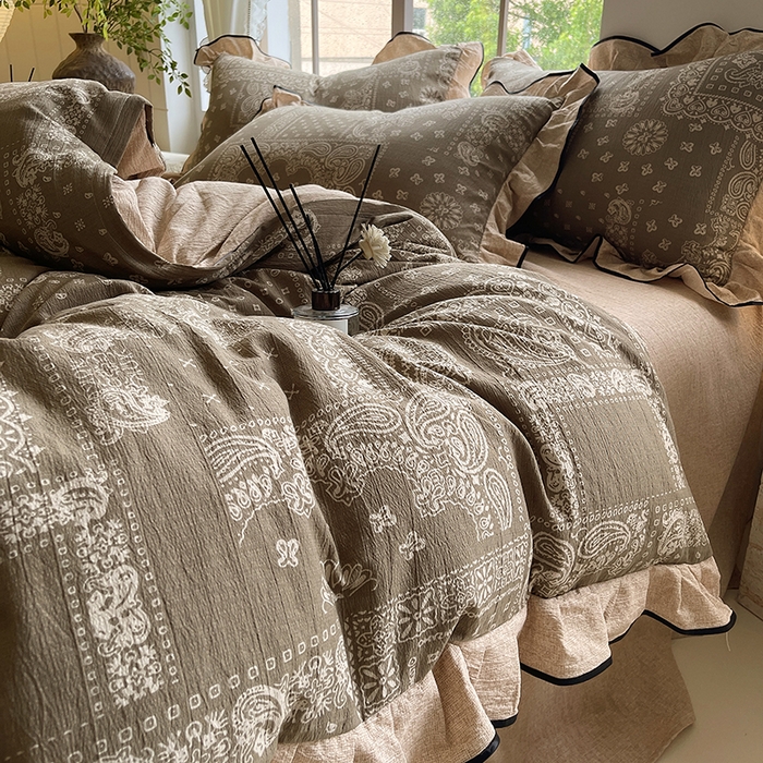 91家纺网 家纺一手货源 找家纺 宝士康家纺 2025新款原麻荷叶边四件套 墨染芳华