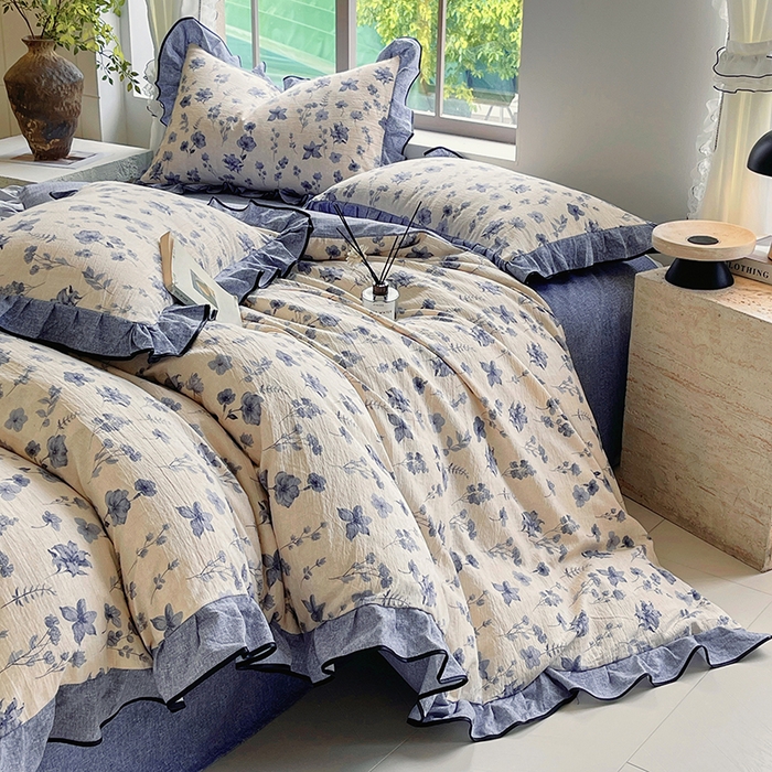 91家纺网 家纺一手货源 找家纺 宝士康家纺 2025新款原麻荷叶边四件套 水墨江南