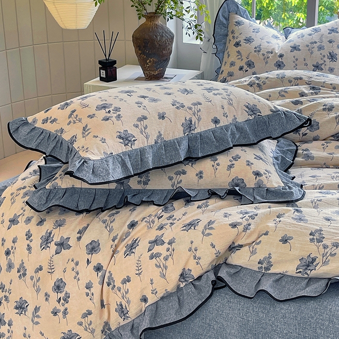 91家纺网 家纺一手货源 找家纺 宝士康家纺 2025新款原麻荷叶边四件套 水墨江南