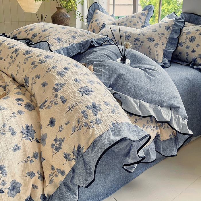 91家纺网 家纺一手货源 找家纺 宝士康家纺 2025新款原麻荷叶边四件套 水墨江南