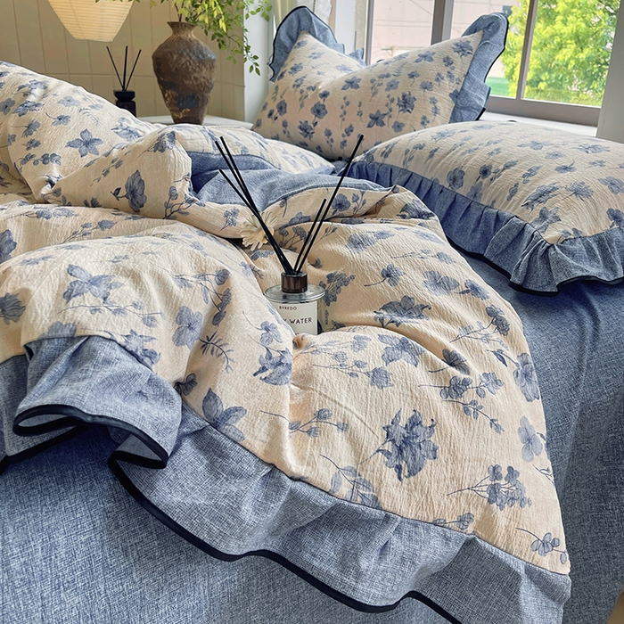 91家纺网 家纺一手货源 找家纺 宝士康家纺 2025新款原麻荷叶边四件套 水墨江南