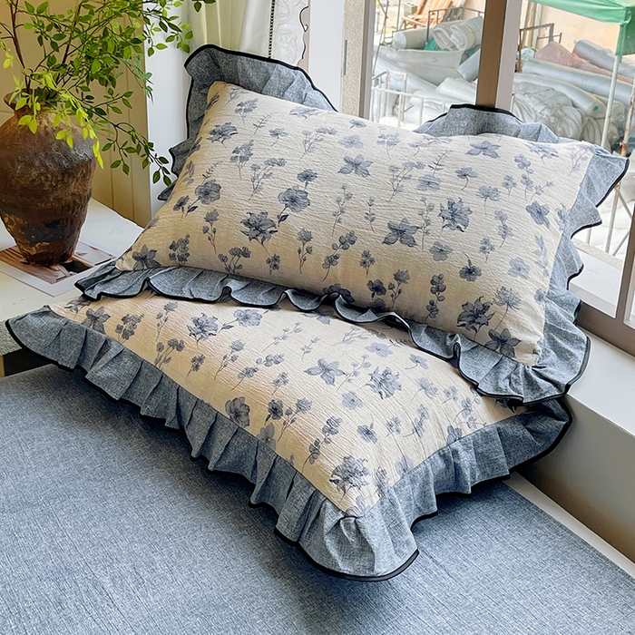 91家纺网 家纺一手货源 找家纺 宝士康家纺 2025新款原麻荷叶边四件套 水墨江南