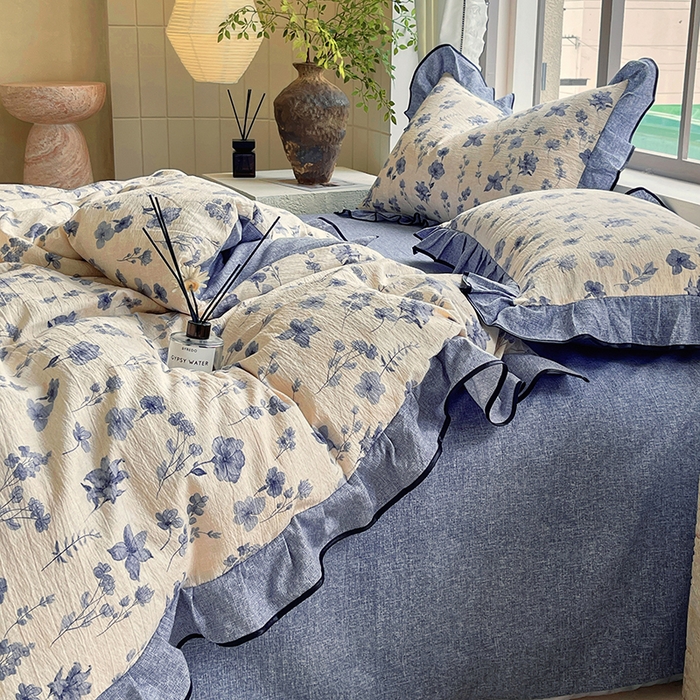 91家纺网 家纺一手货源 找家纺 宝士康家纺 2025新款原麻荷叶边四件套 水墨江南