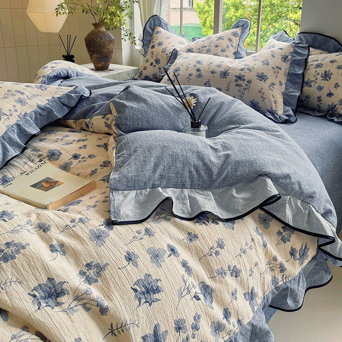 91家纺网 家纺一手货源 找家纺 宝士康家纺 2025新款原麻荷叶边四件套 水墨江南