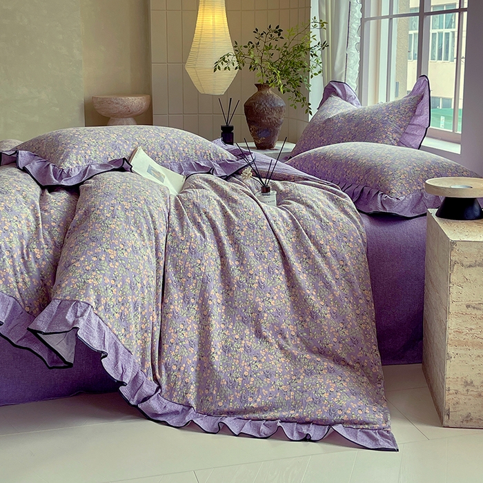 91家纺网 家纺一手货源 找家纺 宝士康家纺 2025新款原麻荷叶边四件套 甜蜜紫园