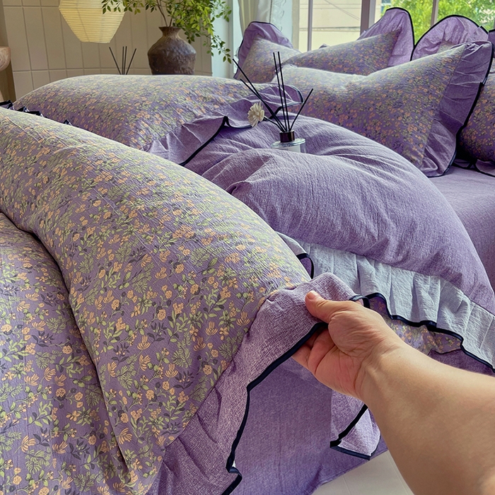 91家纺网 家纺一手货源 找家纺 宝士康家纺 2025新款原麻荷叶边四件套 甜蜜紫园