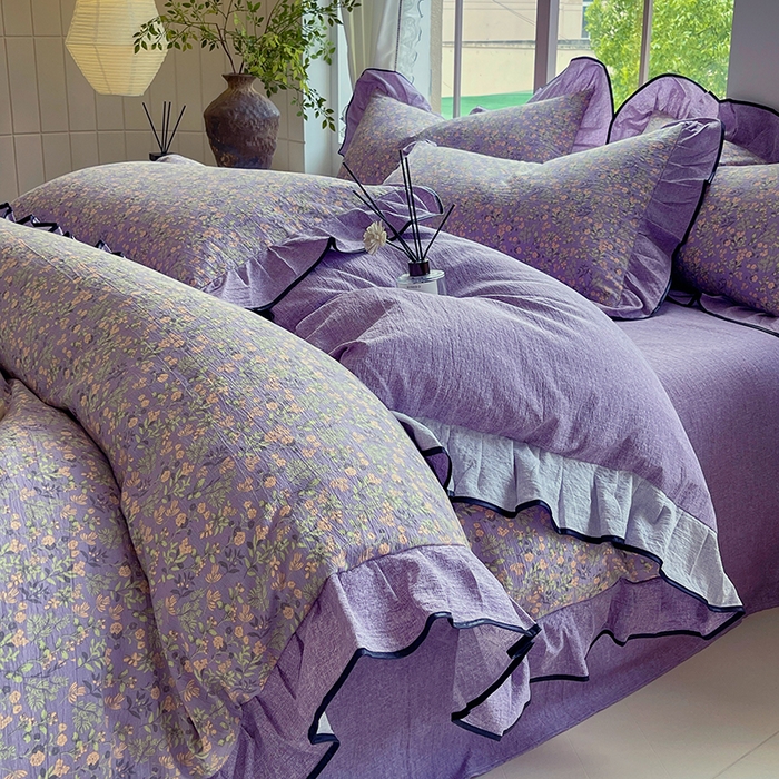 91家纺网 家纺一手货源 找家纺 宝士康家纺 2025新款原麻荷叶边四件套 甜蜜紫园