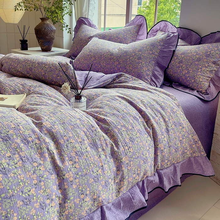 91家纺网 家纺一手货源 找家纺 宝士康家纺 2025新款原麻荷叶边四件套 甜蜜紫园