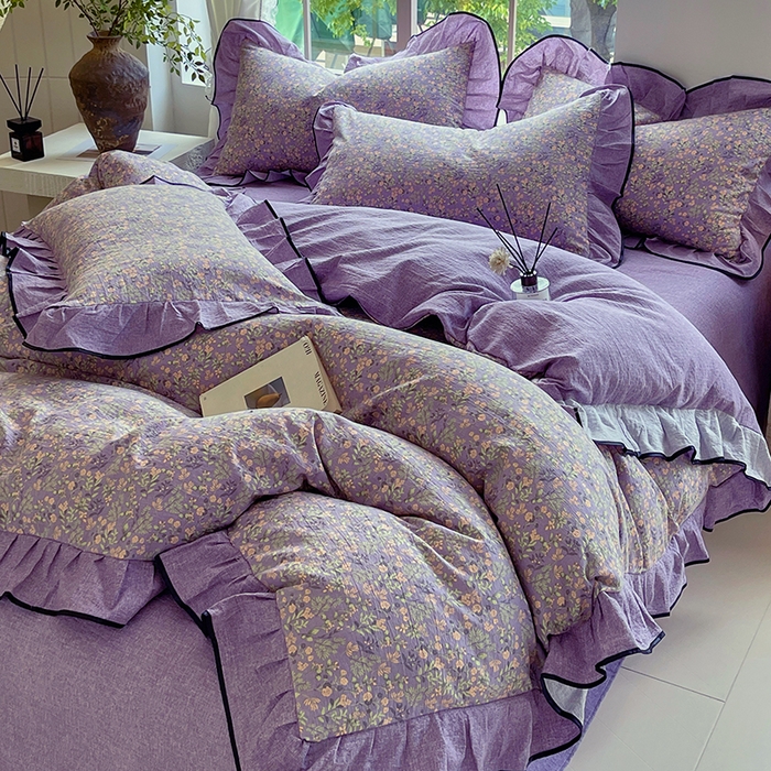 91家纺网 家纺一手货源 找家纺 宝士康家纺 2025新款原麻荷叶边四件套 甜蜜紫园