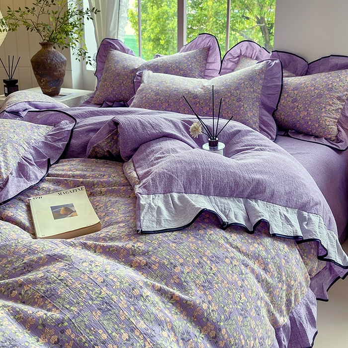 91家纺网 家纺一手货源 找家纺 宝士康家纺 2025新款原麻荷叶边四件套 甜蜜紫园