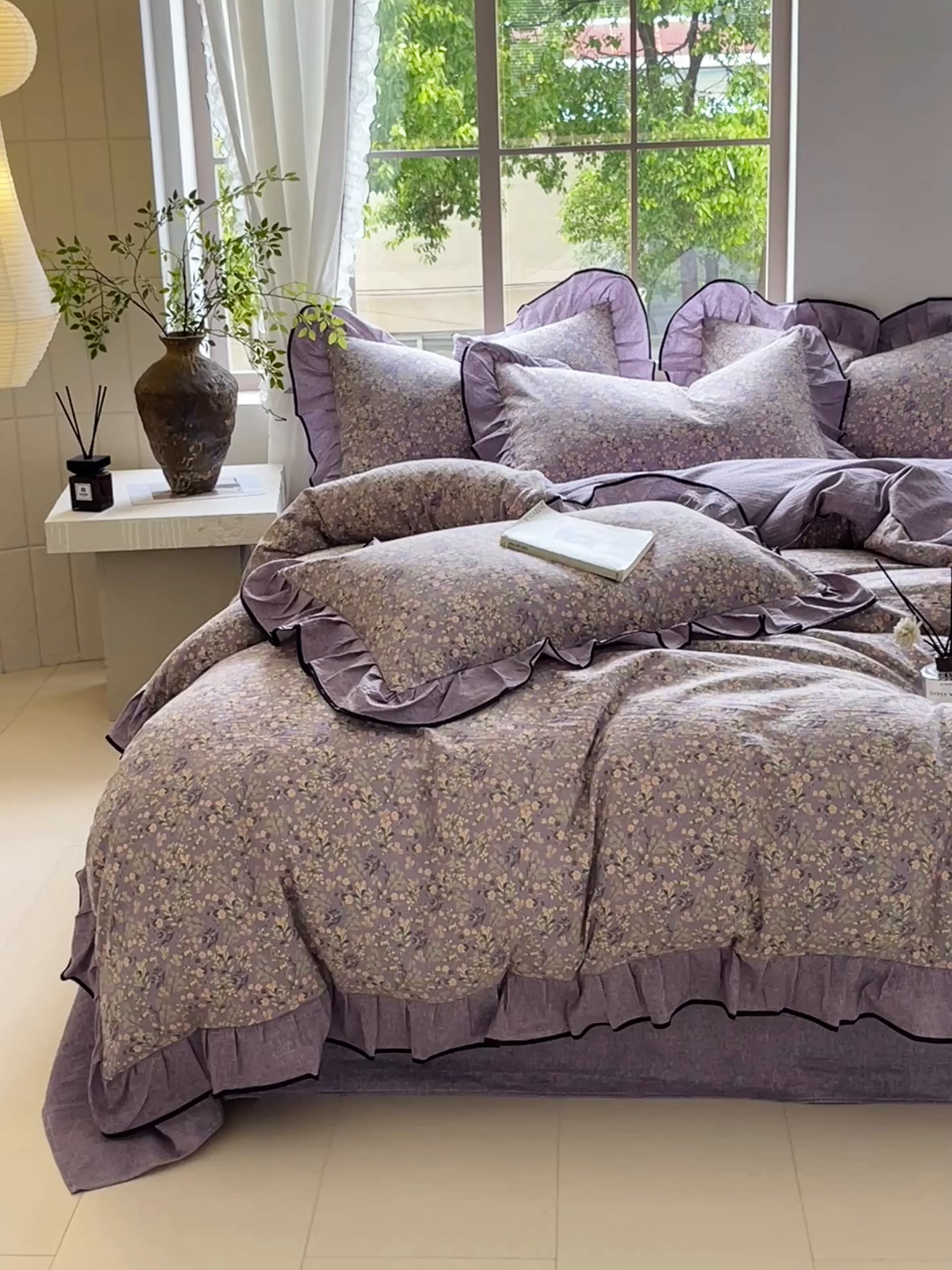 91家纺网 家纺一手货源 找家纺 宝士康家纺 2025新款原麻荷叶边四件套 甜蜜紫园