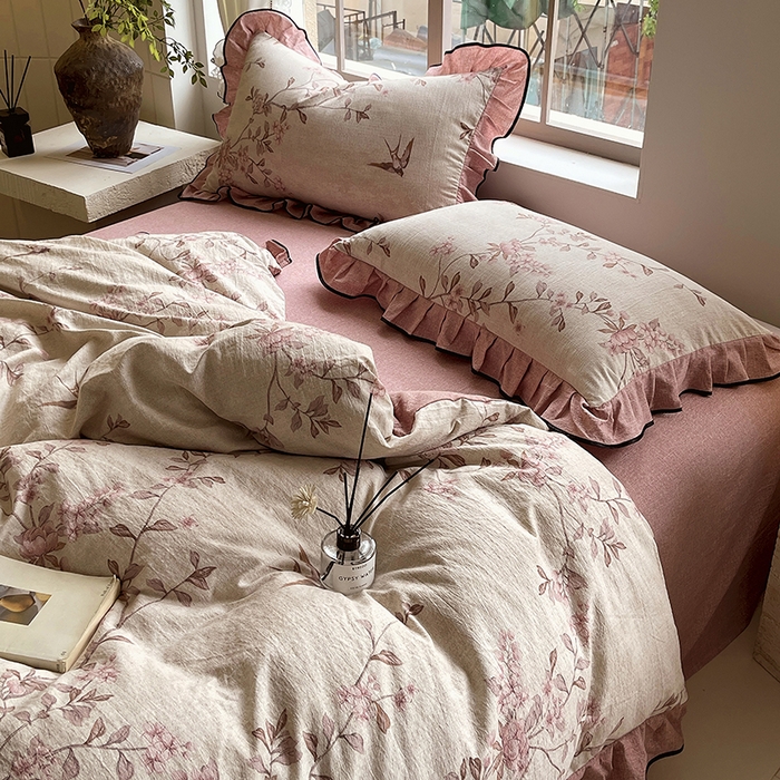 91家纺网 家纺一手货源 找家纺 宝士康家纺 2025新款原麻荷叶边四件套 雁南飞