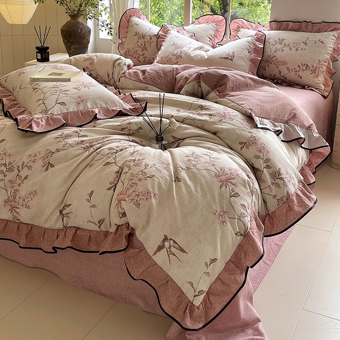 宝士康家纺 2025新款原麻荷叶边四件套 雁南飞