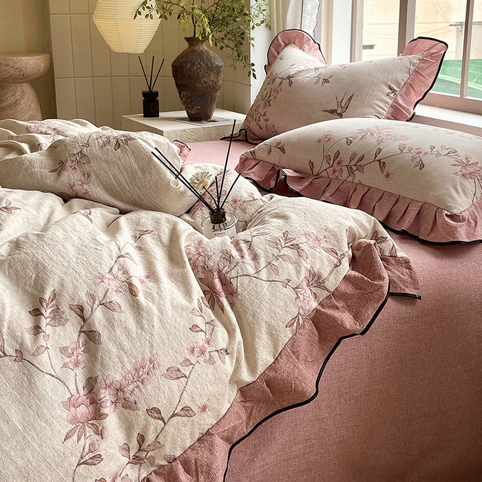 91家纺网 家纺一手货源 找家纺 宝士康家纺 2025新款原麻荷叶边四件套 雁南飞