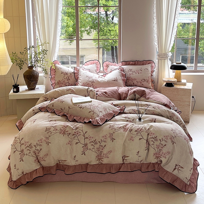 91家纺网 家纺一手货源 找家纺 宝士康家纺 2025新款原麻荷叶边四件套 雁南飞