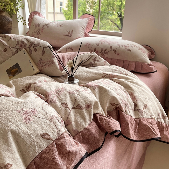 91家纺网 家纺一手货源 找家纺 宝士康家纺 2025新款原麻荷叶边四件套 雁南飞