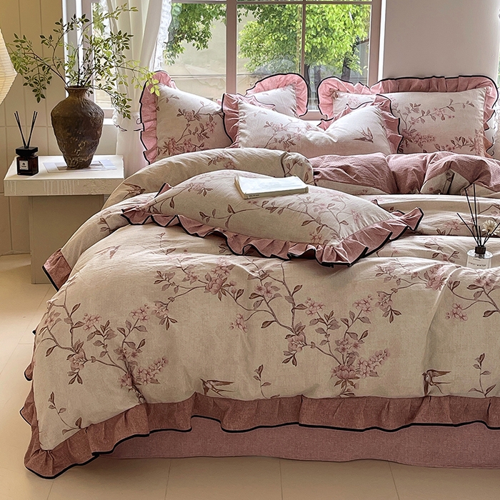 91家纺网 家纺一手货源 找家纺 宝士康家纺 2025新款原麻荷叶边四件套 雁南飞