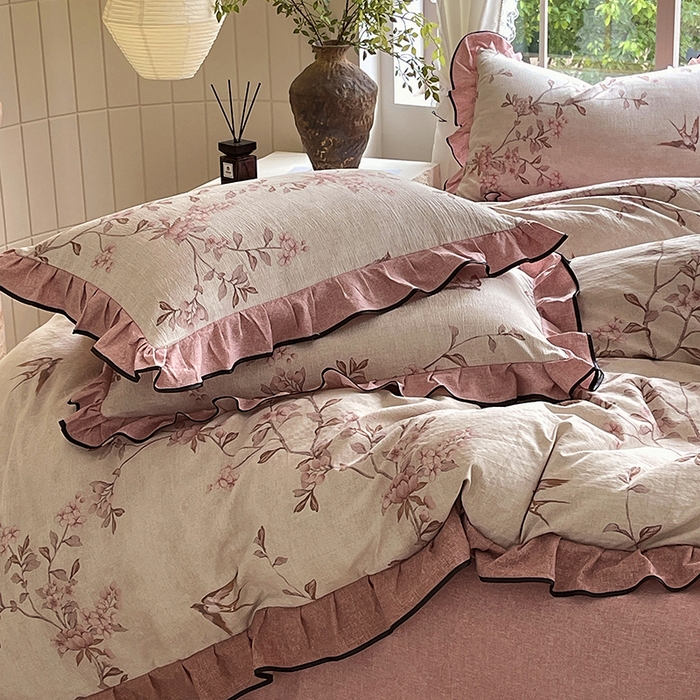 91家纺网 家纺一手货源 找家纺 宝士康家纺 2025新款原麻荷叶边四件套 雁南飞