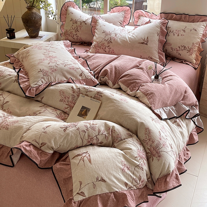 91家纺网 家纺一手货源 找家纺 宝士康家纺 2025新款原麻荷叶边四件套 雁南飞