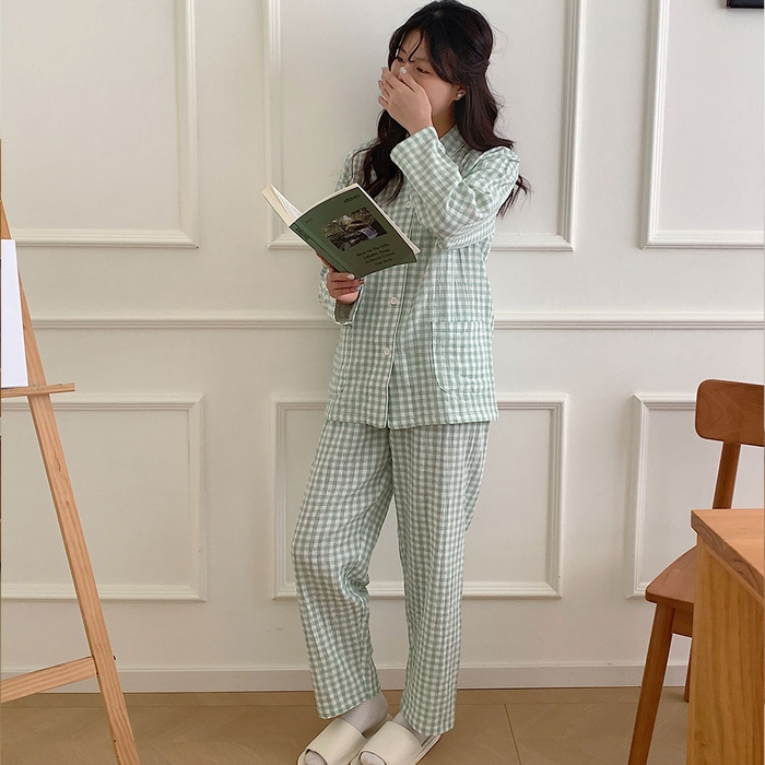 观月轩家纺 2025新款A类母婴级朝阳格全棉双层纱家居服 女款-绿小格