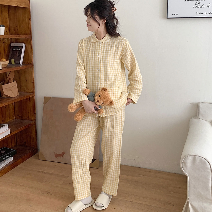 91家纺网 家纺一手货源 找家纺 （总）观月轩家纺 2025新款A类母婴级朝阳格全棉双层纱家居服