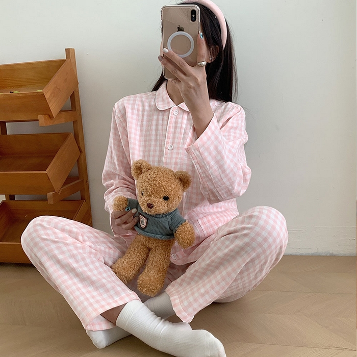 观月轩家纺 2025新款A类母婴级朝阳格全棉双层纱家居服 女款-粉小格