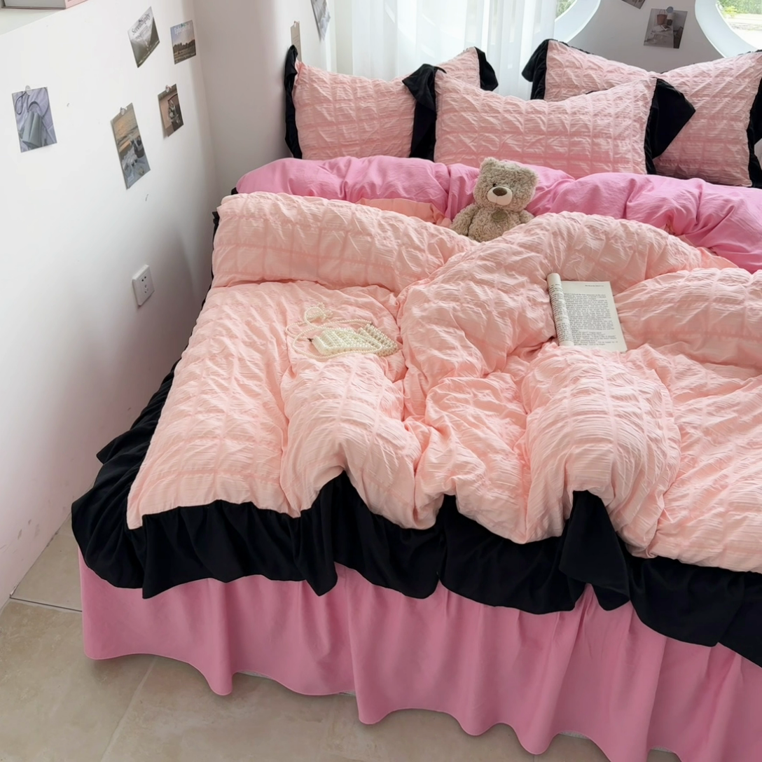 91家纺网 家纺一手货源 找家纺 （总）优卡迪家纺馆 2025新款亲肤舒适A类法式泡泡纱花边款四件套