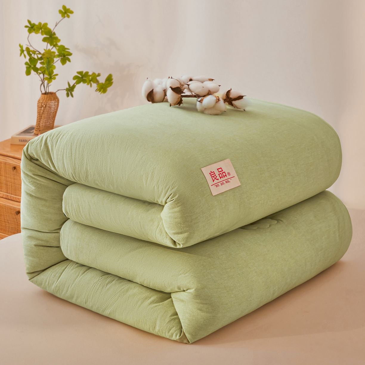 91家纺网 家纺一手货源 找家纺 熙宴家纺 2025新款水洗棉嵌绳款100%新疆棉花被 豆绿