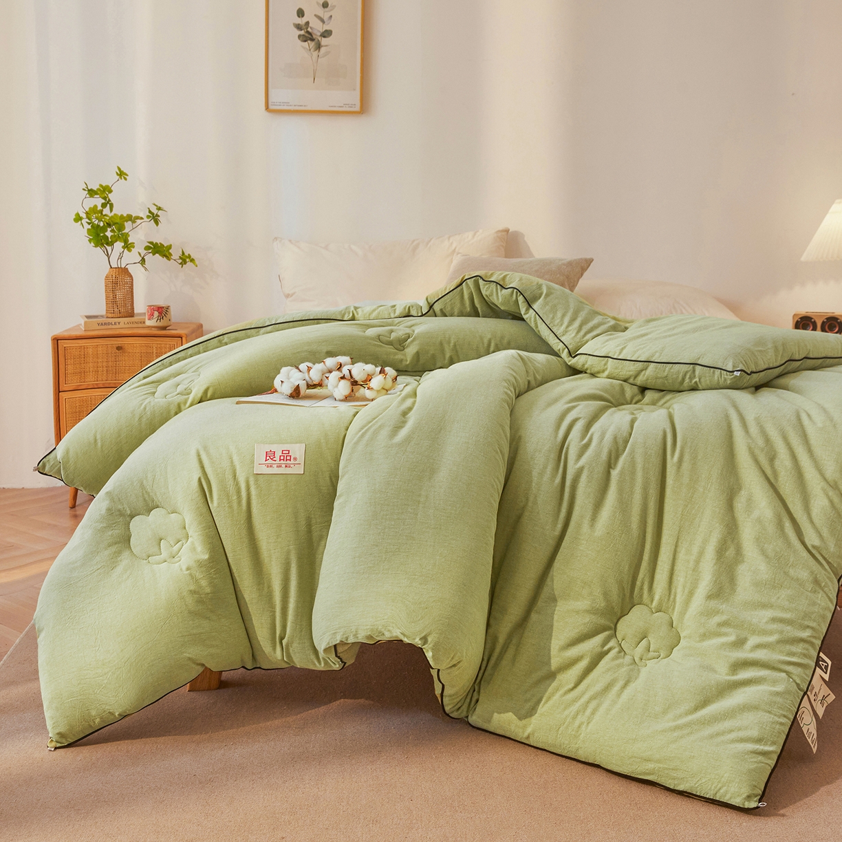 91家纺网 家纺一手货源 找家纺 熙宴家纺 2025新款水洗棉嵌绳款100%新疆棉花被 豆绿