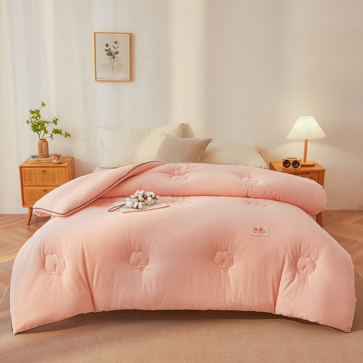 91家纺网 家纺一手货源 找家纺 熙宴家纺 2025新款水洗棉嵌绳款100%新疆棉花被 粉玉