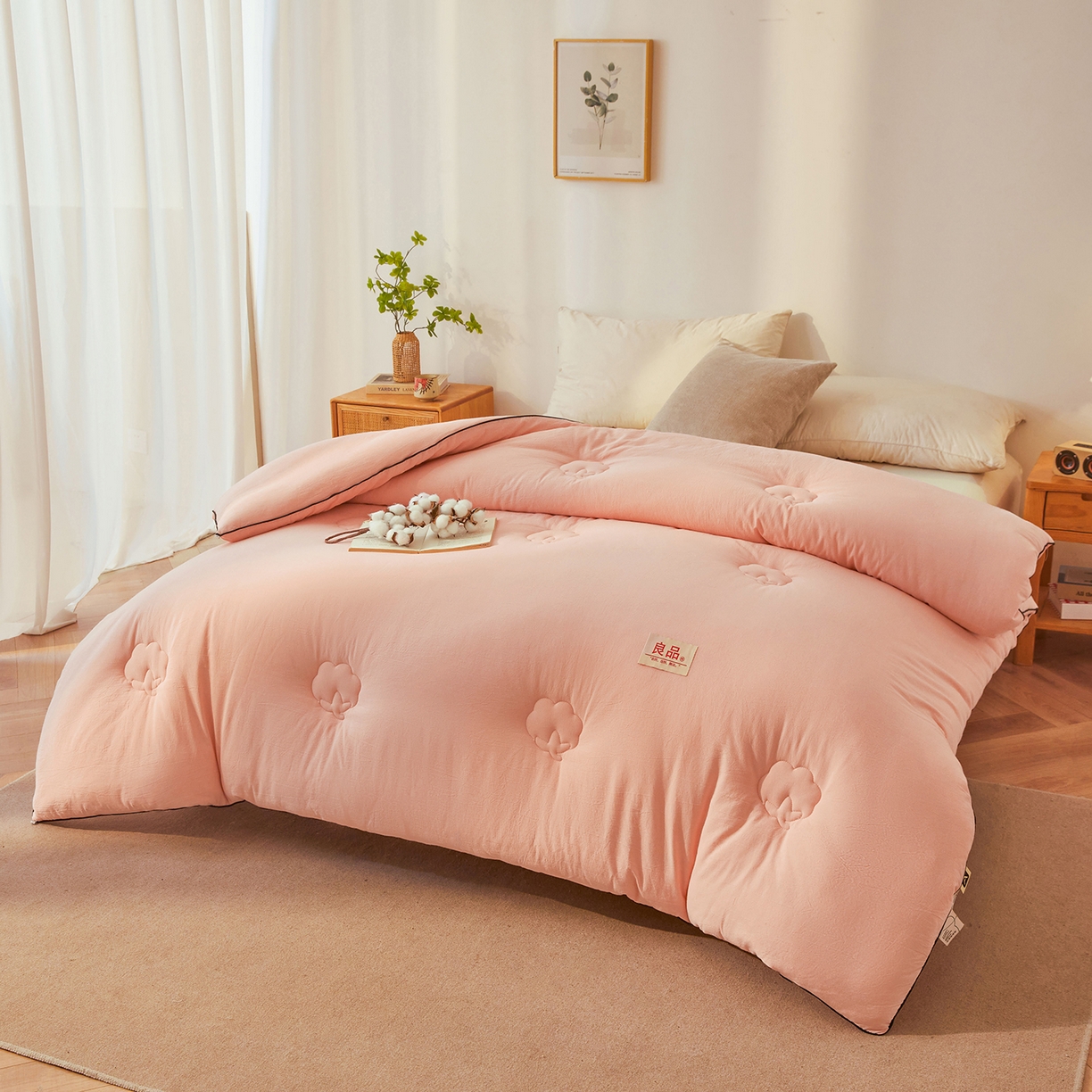 91家纺网 家纺一手货源 找家纺 熙宴家纺 2025新款水洗棉嵌绳款100%新疆棉花被 粉玉