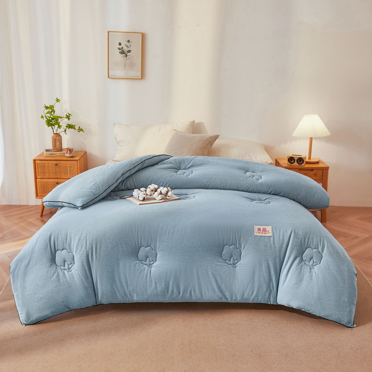 91家纺网 家纺一手货源 找家纺 熙宴家纺 2025新款水洗棉嵌绳款100%新疆棉花被 雾蓝