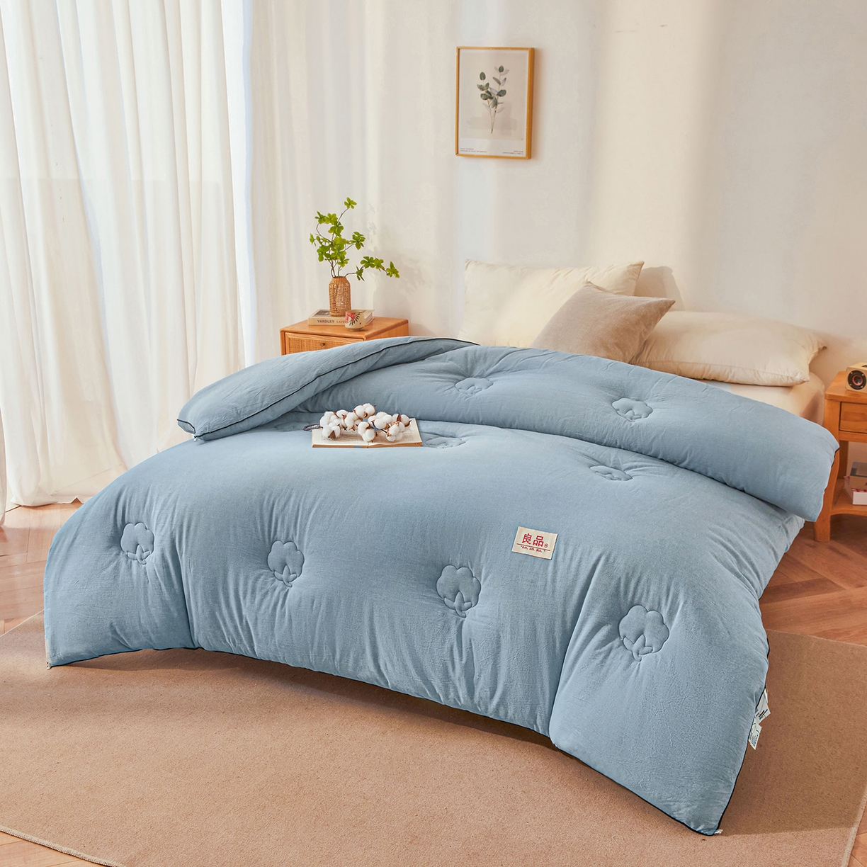 91家纺网 家纺一手货源 找家纺 熙宴家纺 2025新款水洗棉嵌绳款100%新疆棉花被 雾蓝