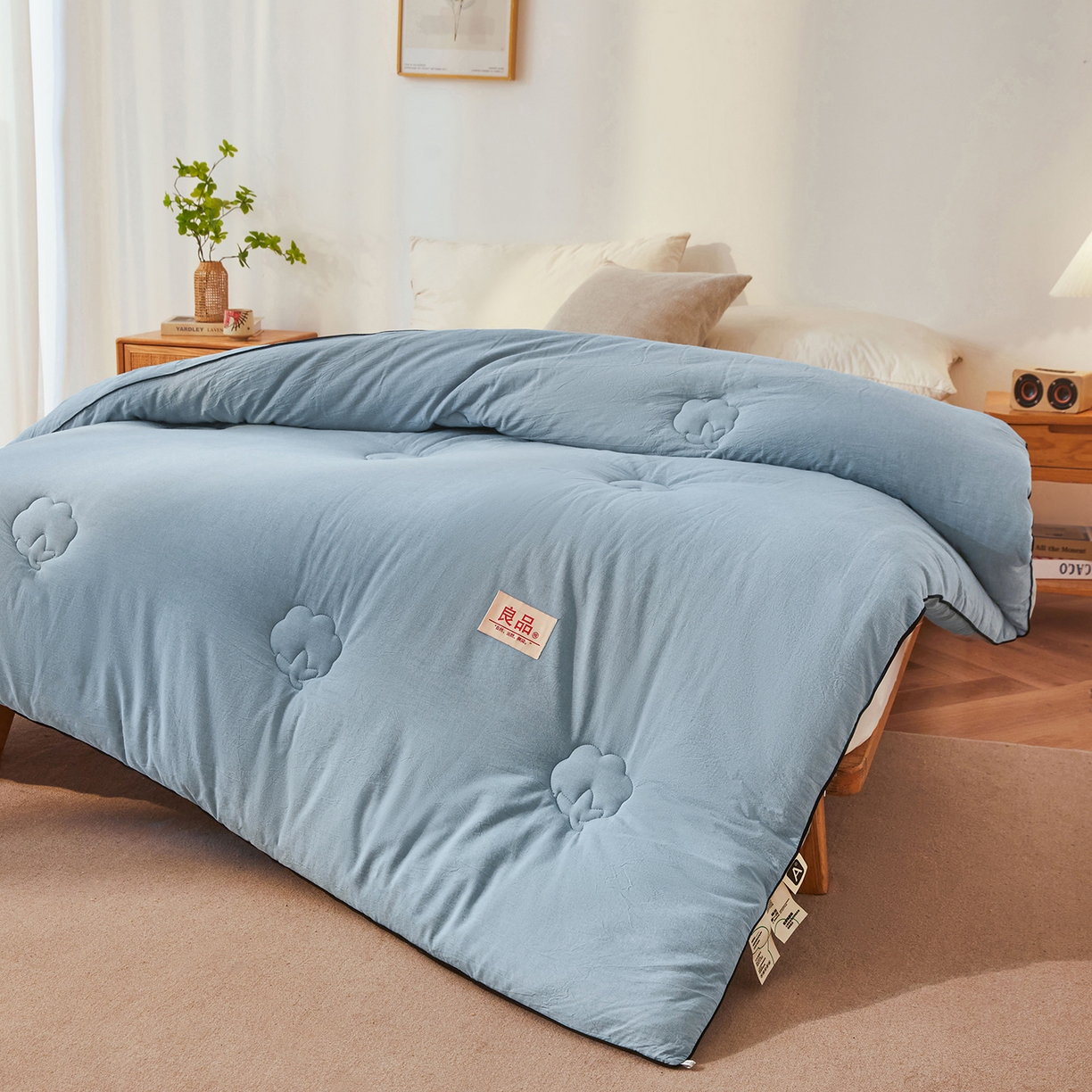 91家纺网 家纺一手货源 找家纺 熙宴家纺 2025新款水洗棉嵌绳款100%新疆棉花被 雾蓝