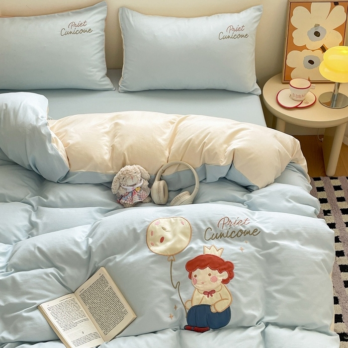 麦空家居 2025新款抗菌水洗皱棉贴布绣四件套学生三件套-糖果梦 小王子-天空兰