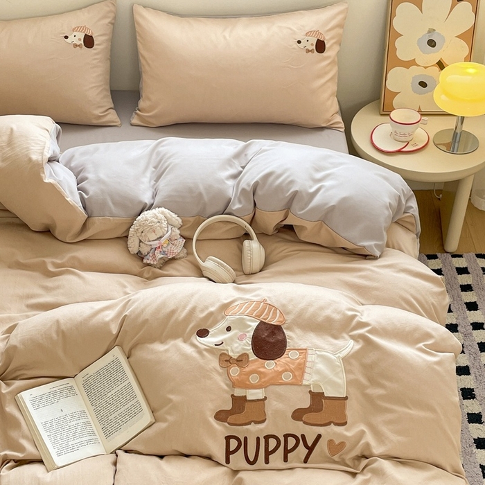 麦空家居 2025新款抗菌水洗皱棉贴布绣四件套学生三件套-糖果梦 布丁狗-奶茶