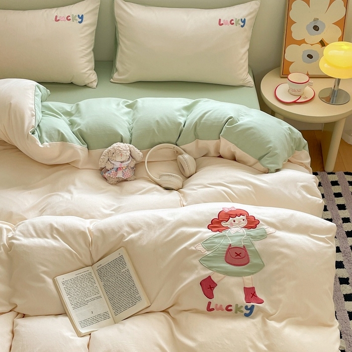 麦空家居 2025新款抗菌水洗皱棉贴布绣四件套学生三件套-糖果梦 乐琪女孩-奶昔白