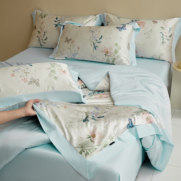 91家纺网 家纺一手货源 找家纺 麦空家居 2025新款水洗贡缎印花四件套系列-半夏(高端礼盒) 蝶恋花