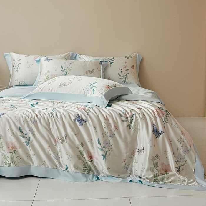 91家纺网 家纺一手货源 找家纺 麦空家居 2025新款水洗贡缎印花四件套系列-半夏(高端礼盒) 蝶恋花