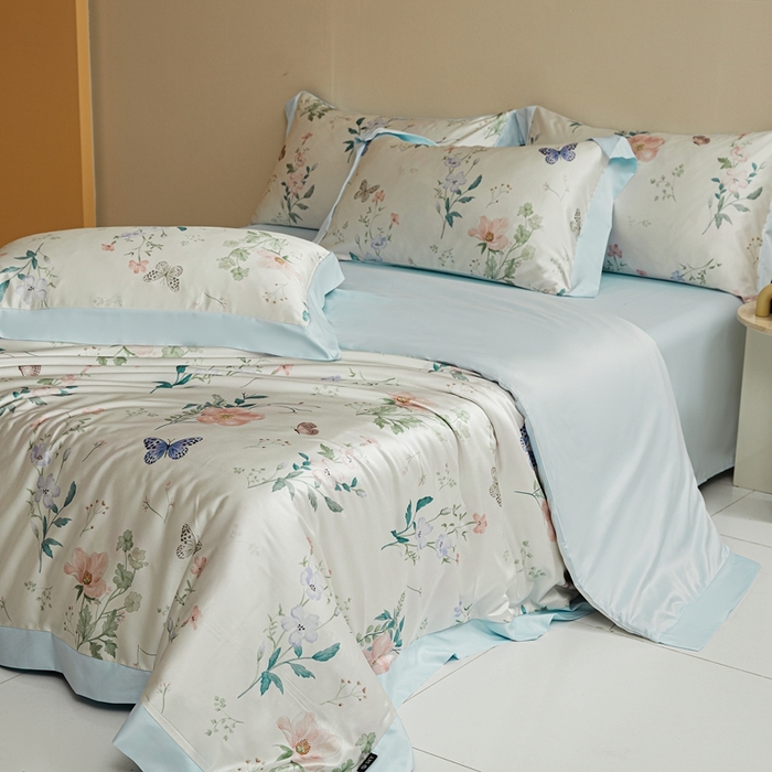 91家纺网 家纺一手货源 找家纺 麦空家居 2025新款水洗贡缎印花四件套系列-半夏(高端礼盒) 蝶恋花