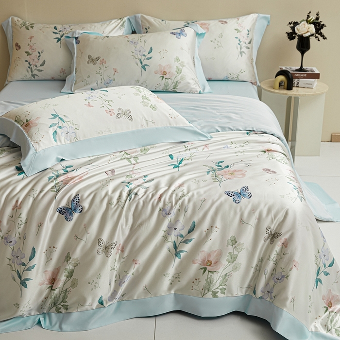 91家纺网 家纺一手货源 找家纺 麦空家居 2025新款水洗贡缎印花四件套系列-半夏(高端礼盒) 蝶恋花