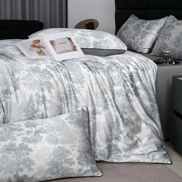 91家纺网 家纺一手货源 找家纺 麦空家居 2025春夏水洗真丝贡缎埋绳四件套-繁花系列 松