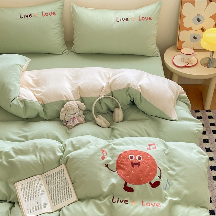 麦空家居 2025新款抗菌水洗皱棉贴布绣四件套学生三件套-糖果梦 趣多多-牛油果
