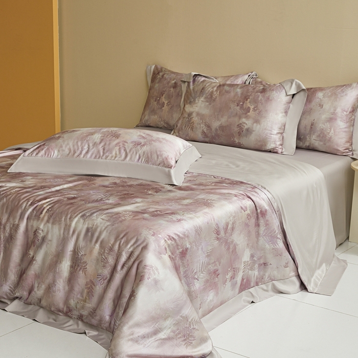 91家纺网 家纺一手货源 找家纺 麦空家居 2025新款水洗贡缎印花四件套系列-半夏(高端礼盒) 烟粉絮