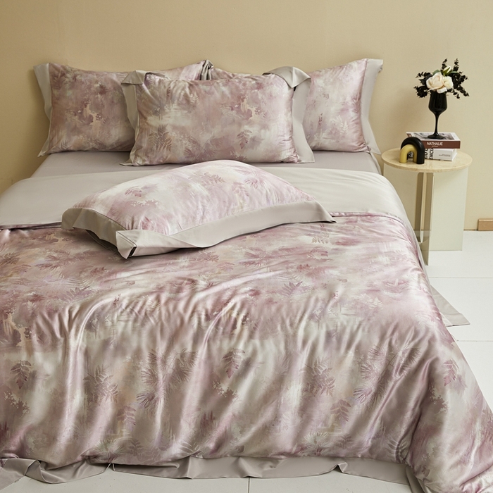 91家纺网 家纺一手货源 找家纺 麦空家居 2025新款水洗贡缎印花四件套系列-半夏(高端礼盒) 烟粉絮