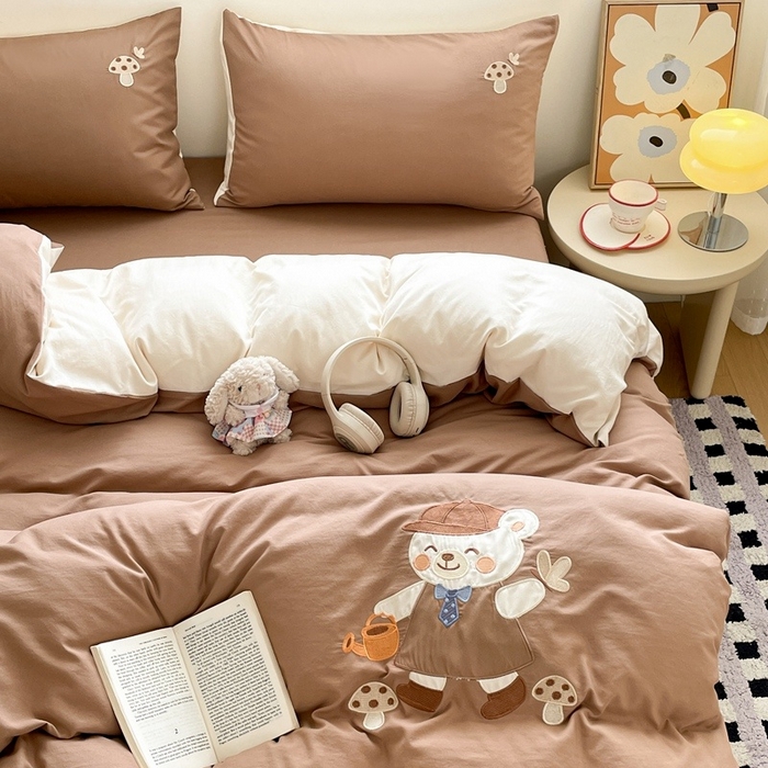 麦空家居 2025新款抗菌水洗皱棉贴布绣四件套学生三件套-糖果梦 泰迪熊-太妃糖