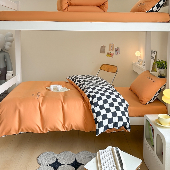 91家纺网 家纺一手货源 找家纺 麦空家居 2025新款 学生季 抗菌水洗棉刺绣学生三件套 - 布丁系列 爱玛橙