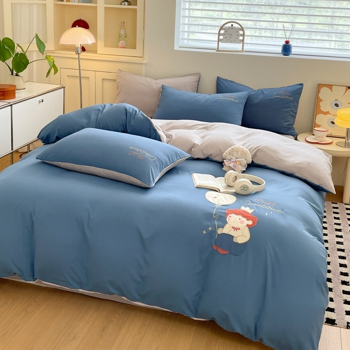 91家纺网 家纺一手货源 找家纺 麦空家居 2025新款抗菌水洗皱棉贴布绣四件套学生三件套-糖果梦 小王子-宾利蓝