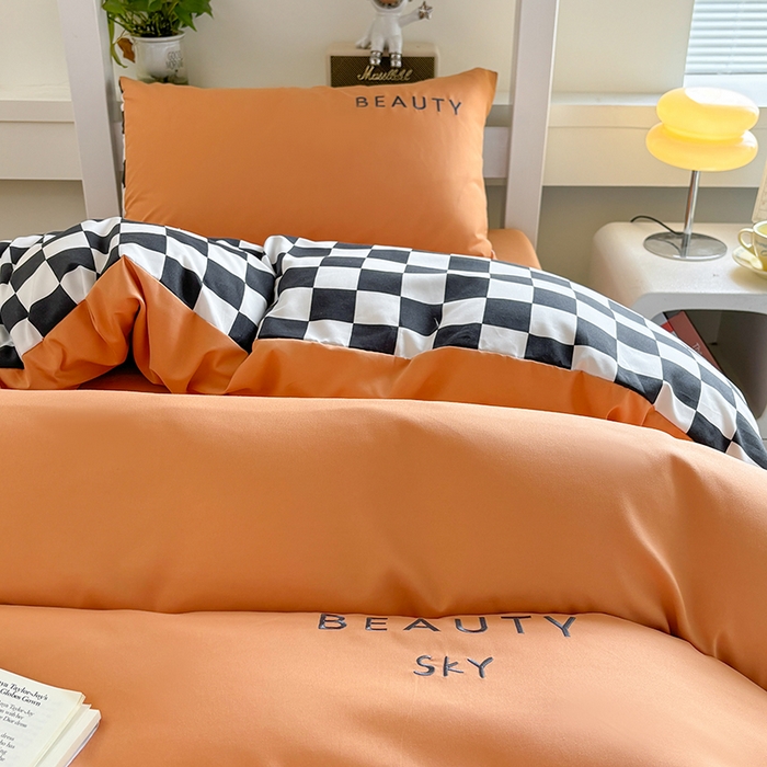 91家纺网 家纺一手货源 找家纺 麦空家居 2025新款 学生季 抗菌水洗棉刺绣学生三件套 - 布丁系列 爱玛橙