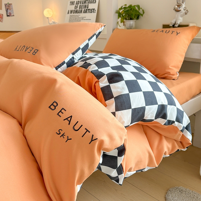 91家纺网 家纺一手货源 找家纺 麦空家居 2025新款 学生季 抗菌水洗棉刺绣学生三件套 - 布丁系列 爱玛橙